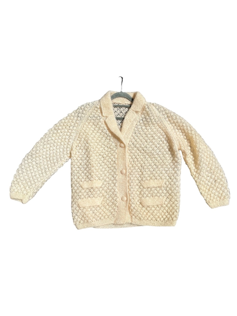 RARE! Vintage 60s Cream Mohair Wool Open-Knit Slouchy Retro Cardigan Sweater L - Picture 2 of 15